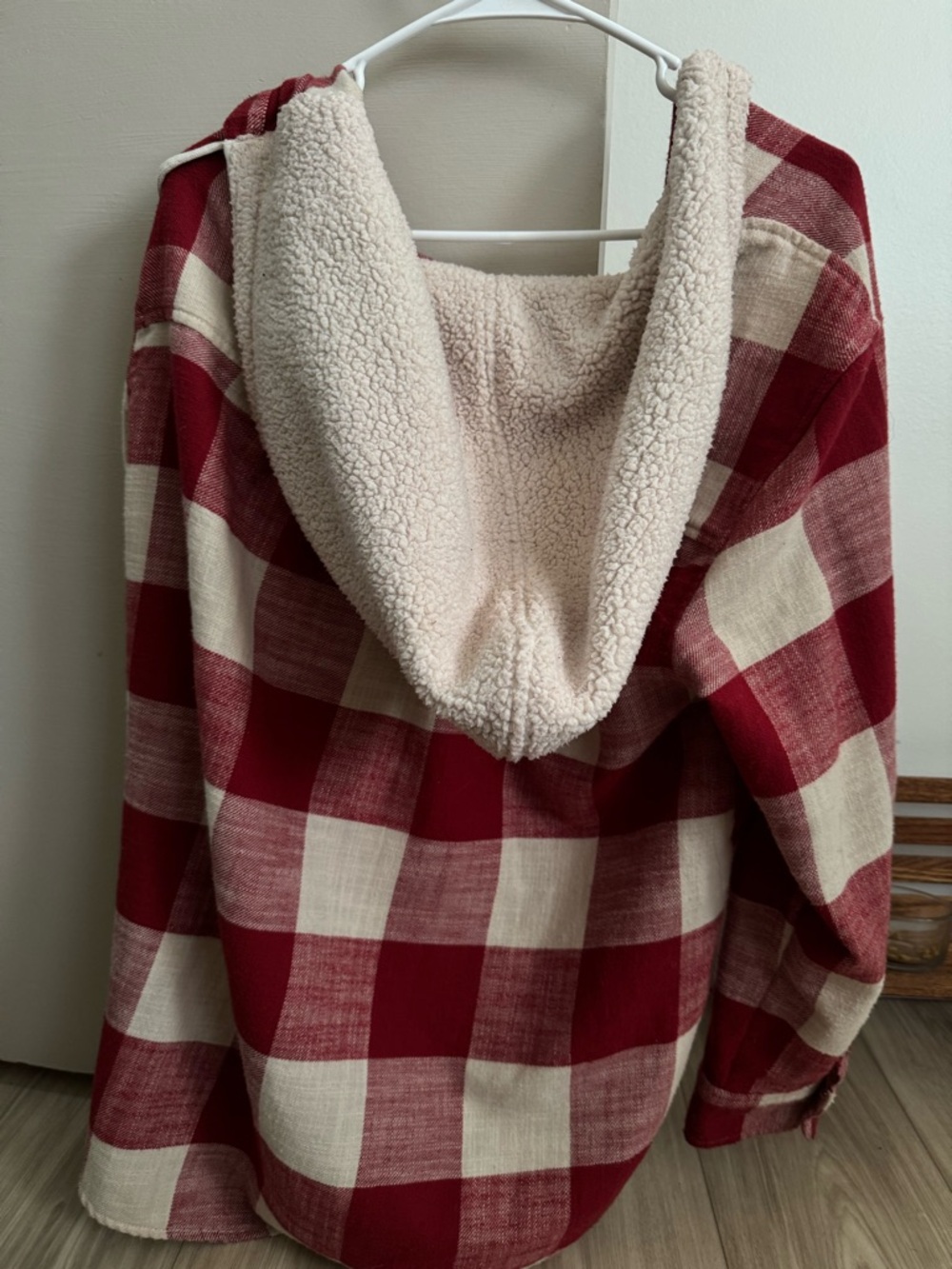 American Eagle Red & Cream Plaid Sherpa-Lined Hooded Shacket - Picture 3 of 5